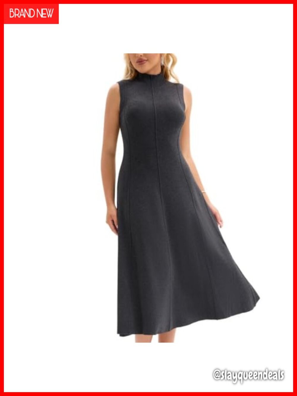 Sleeveless Turtle Neck Midi Dress A-Line Ribbed Sweater Dress